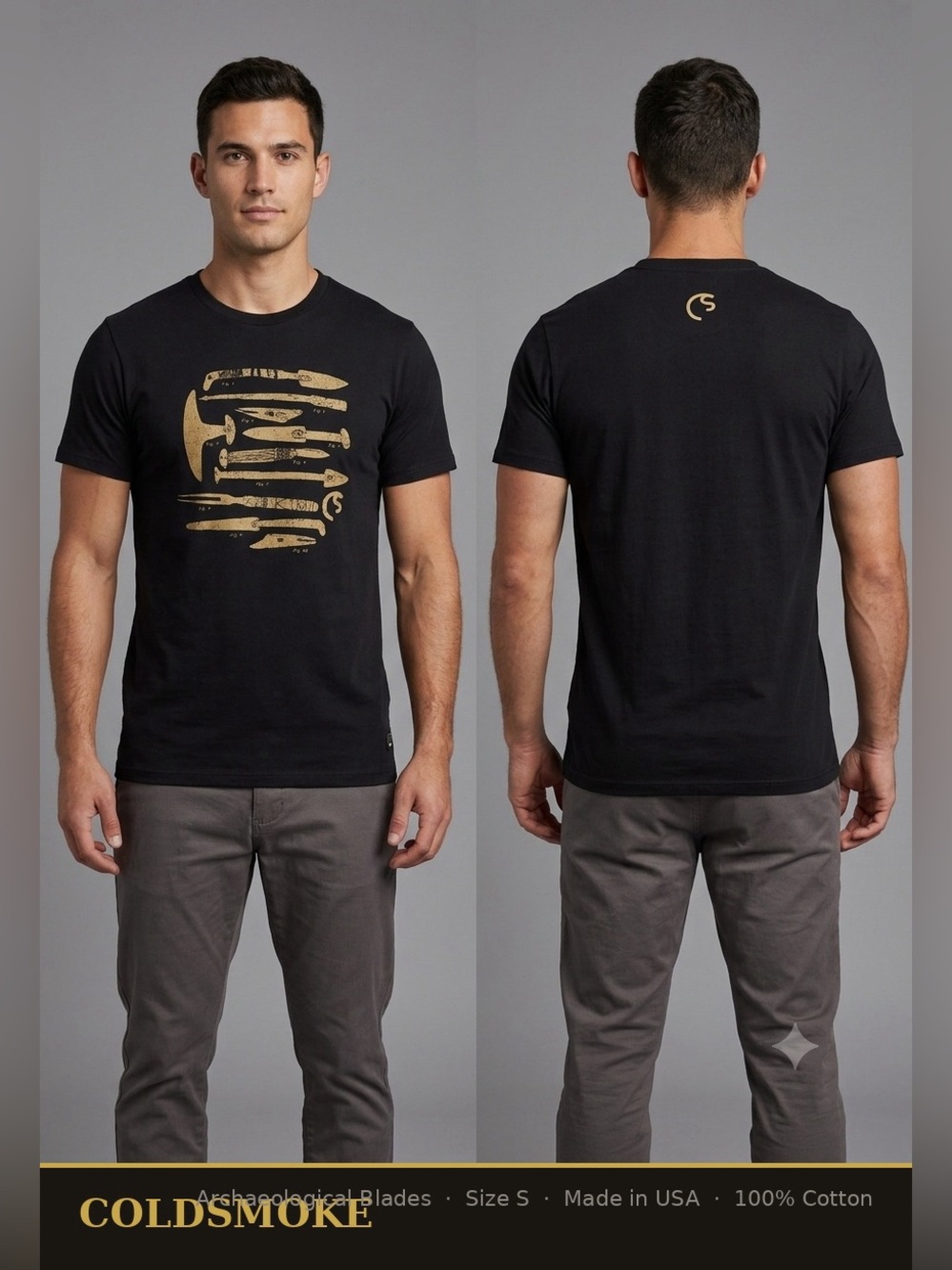 Coldsmoke Archaeological Blades Graphic T-Shirt Black Gold Size S Made in USA